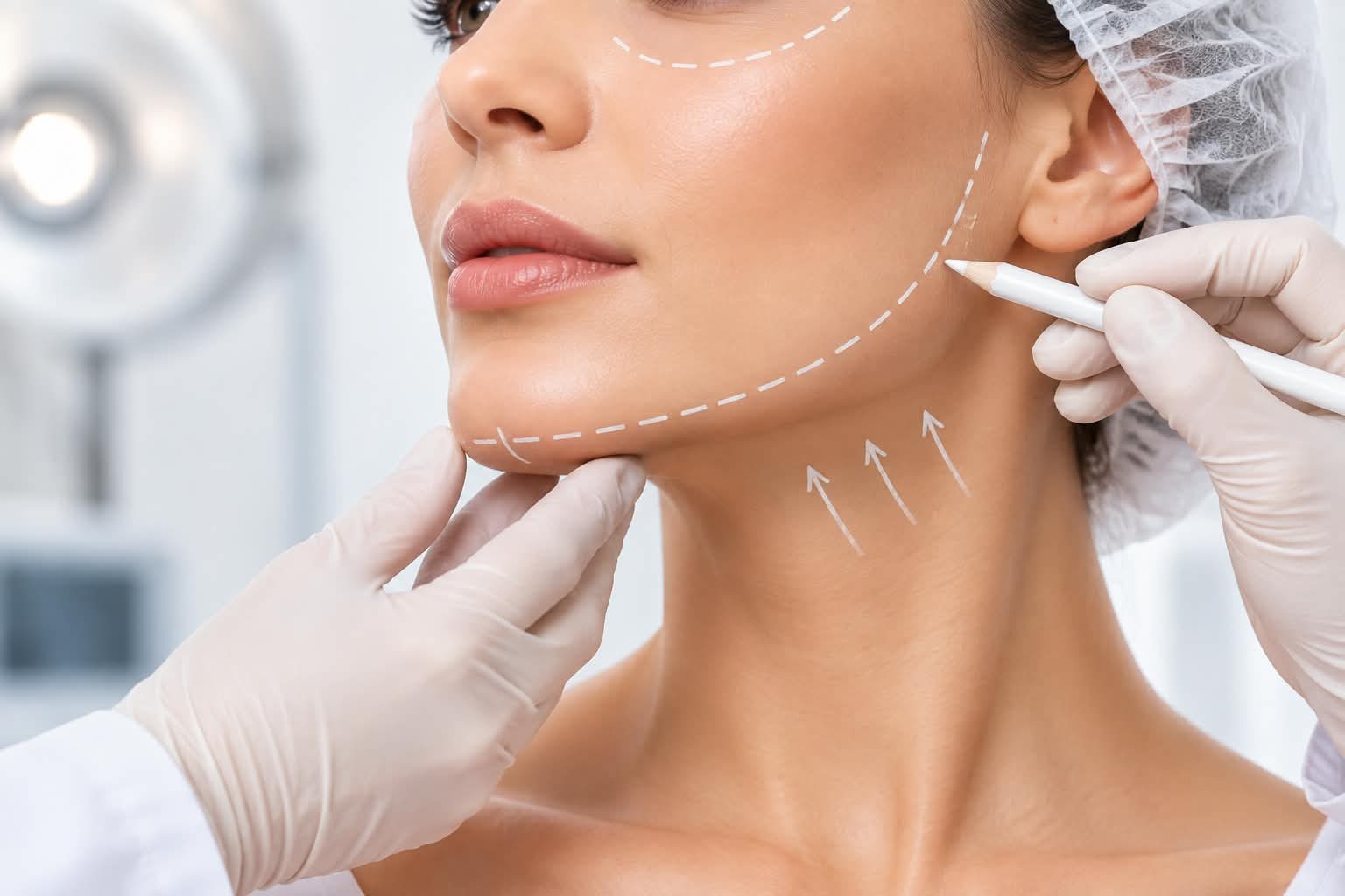Surgeon marking guide lines along a woman's jawline