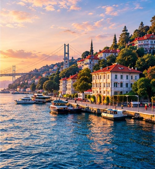 Waterfront houses and boats along the Bosphorus at sunset