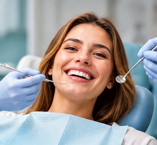 A smiling patient in a dental chair during a check-up