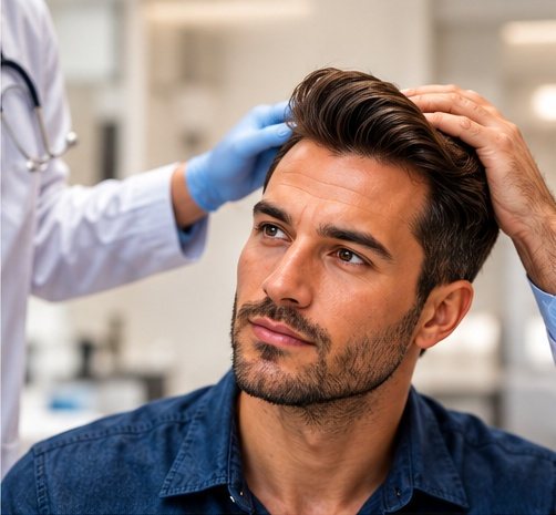 A specialist examining a patient's hairline during a consultation
