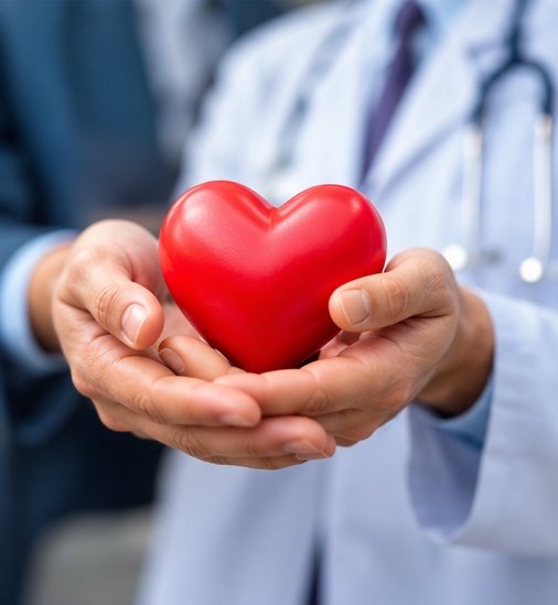 A doctor holding a red heart in cupped hands