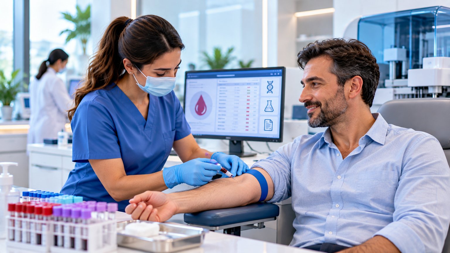 A nurse taking a blood sample from a patient for a health check-up