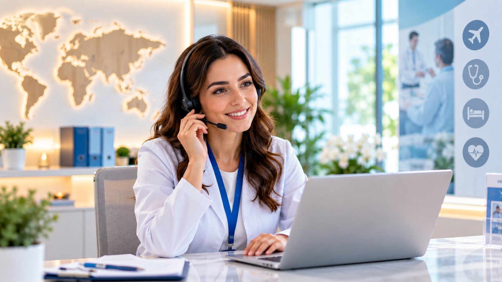 A smiling patient coordinator with a headset answering a call at her desk