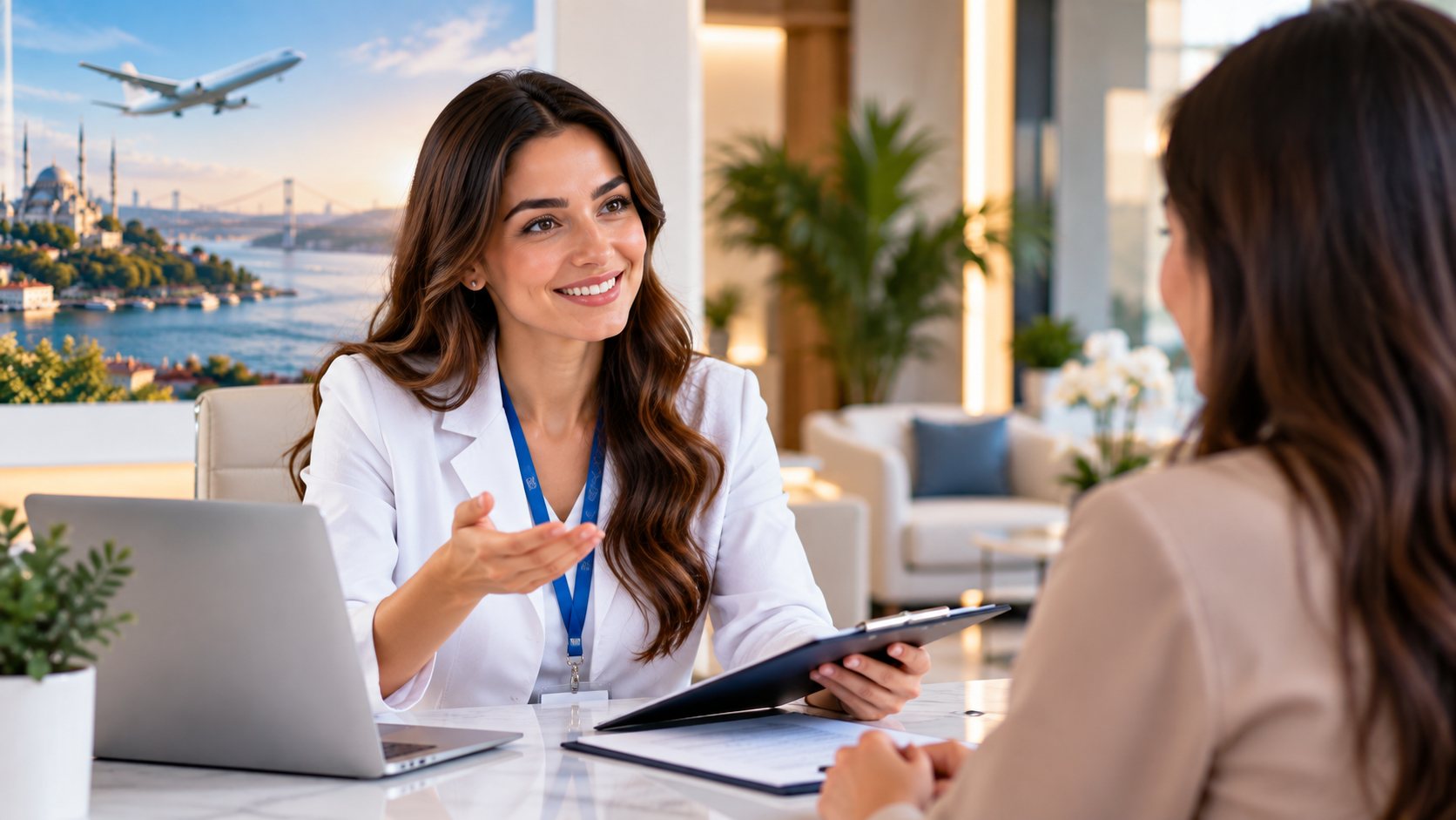A patient coordinator explaining the next steps to an international patient at a desk