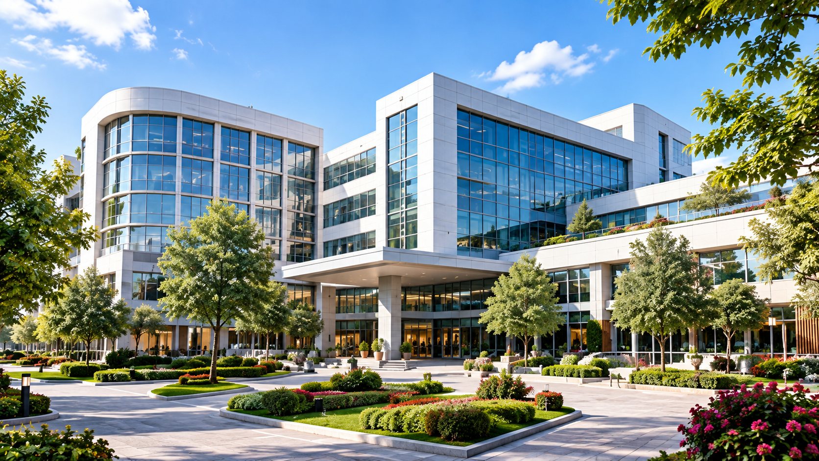 A modern hospital building with landscaped gardens in front of the entrance