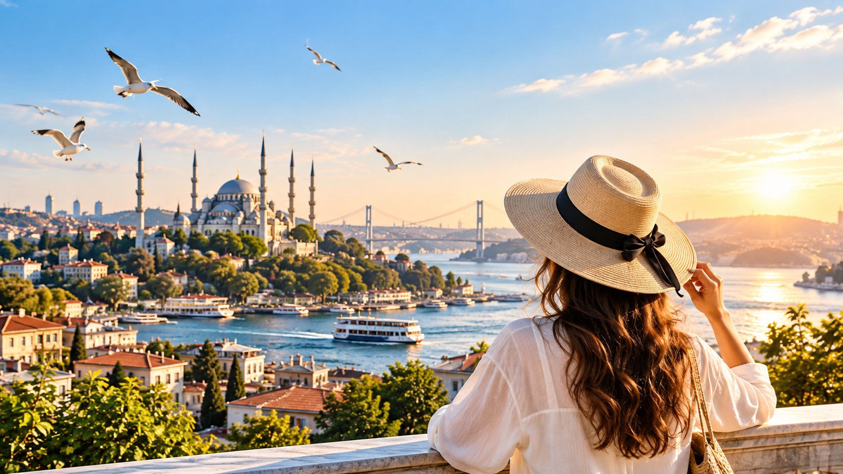 A traveller in a sun hat looking out over Istanbul and the Bosphorus