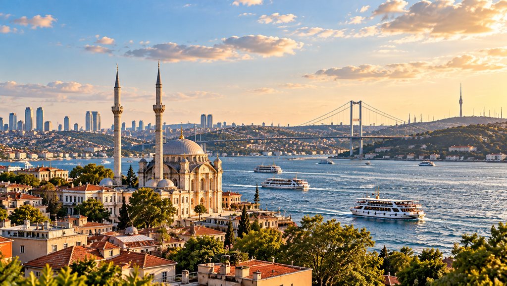 The Ortaköy Mosque, the Bosphorus and the bridge in Istanbul at sunset