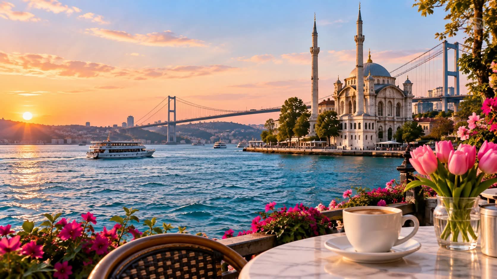 A terrace by the Bosphorus in Istanbul at sunset, with the Ortaköy Mosque, the bridge and pink tulips