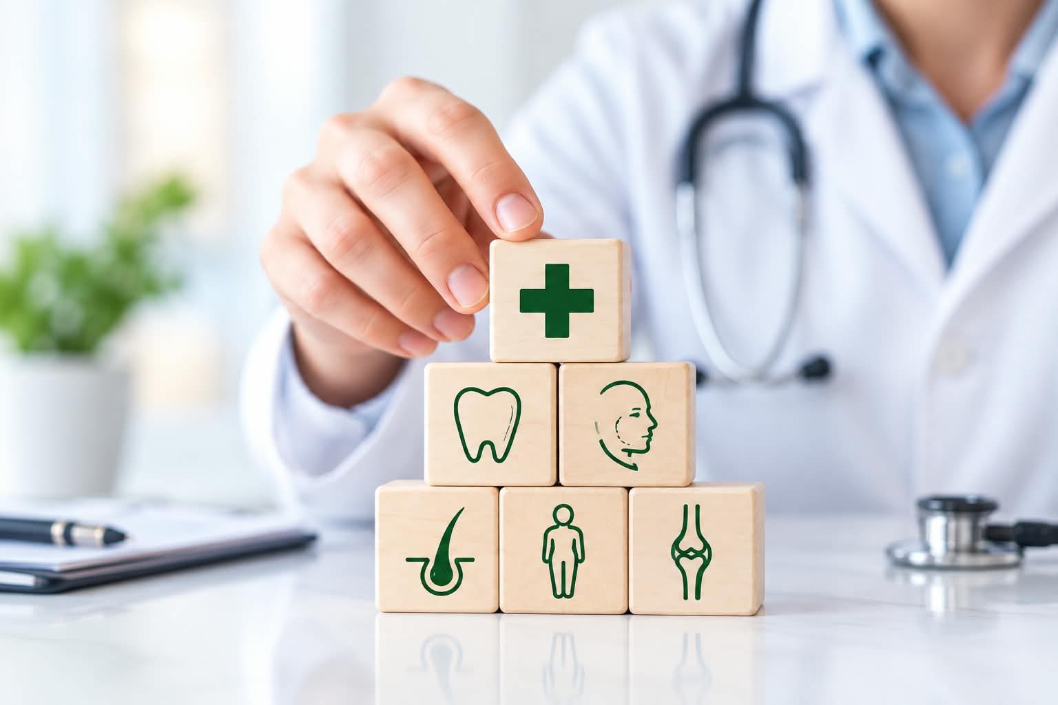 Wooden blocks showing hair, dental and medical icons on a doctor’s desk
