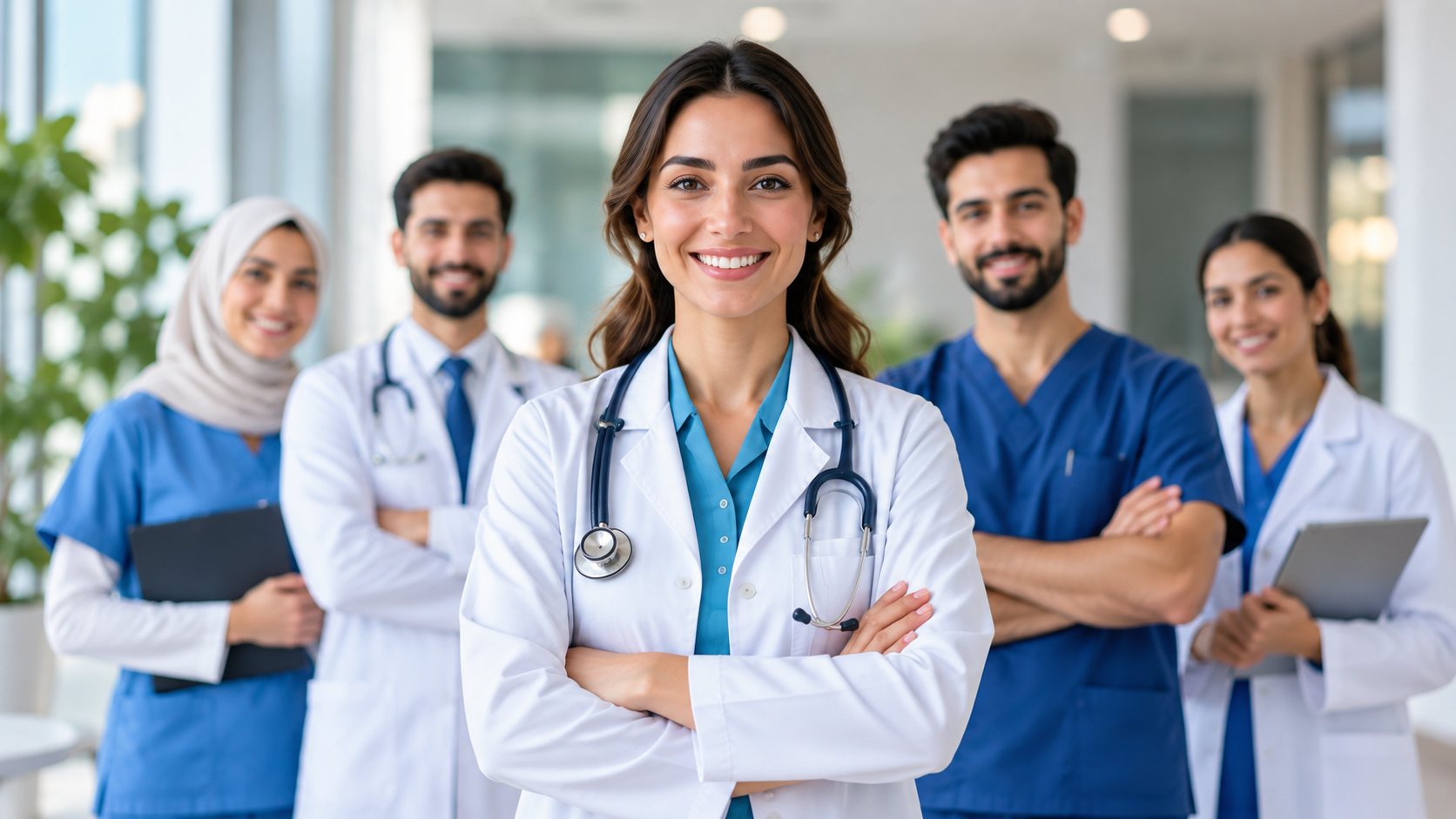 A smiling doctor with her medical team in a bright hospital corridor