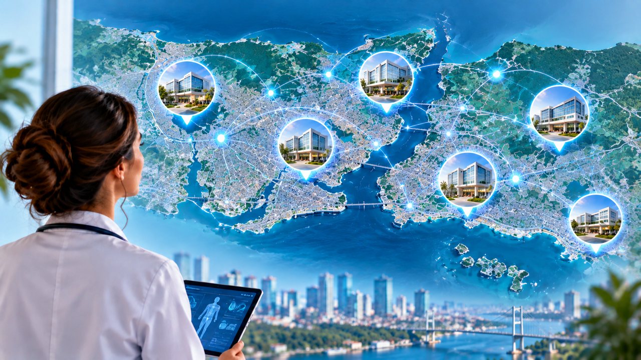 A coordinator with a tablet in front of a map of Istanbul linking partner hospitals