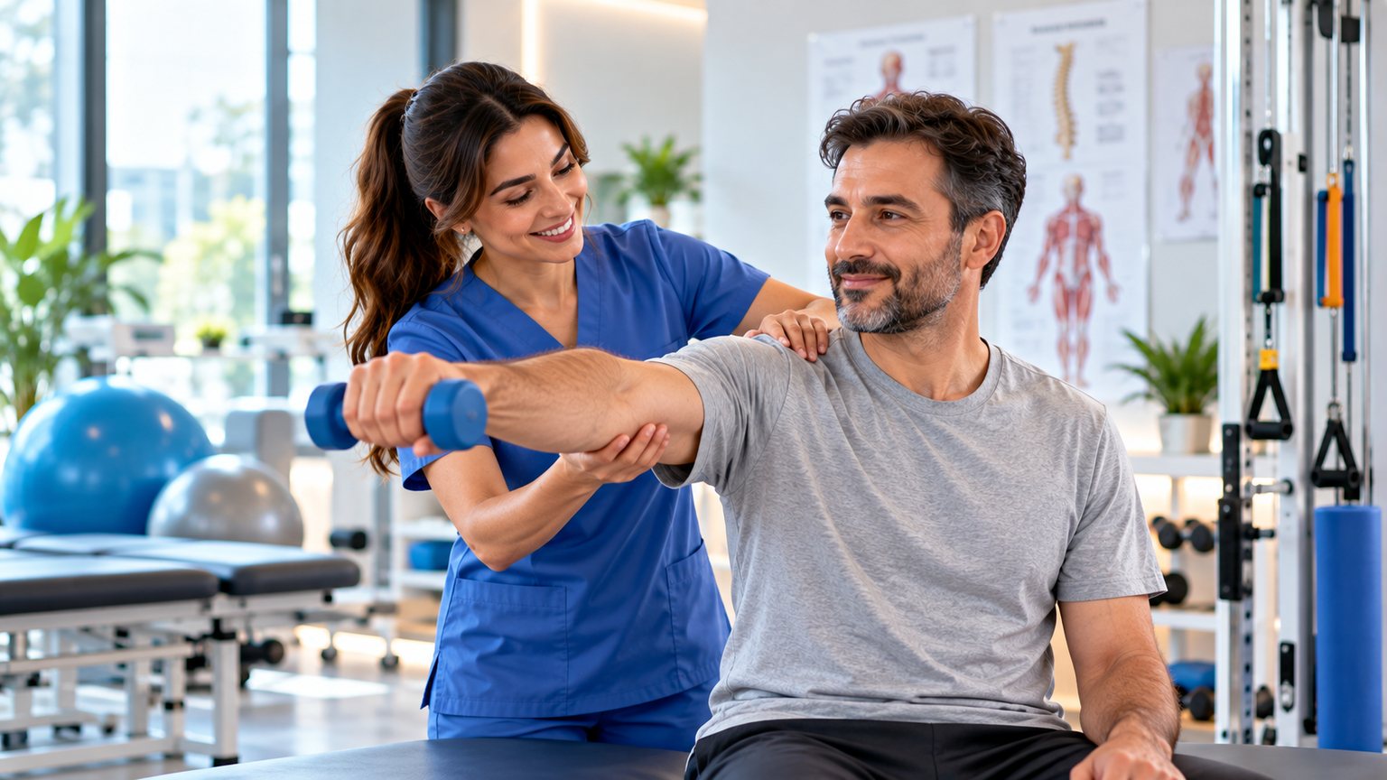 A physiotherapist guiding a patient through a shoulder exercise