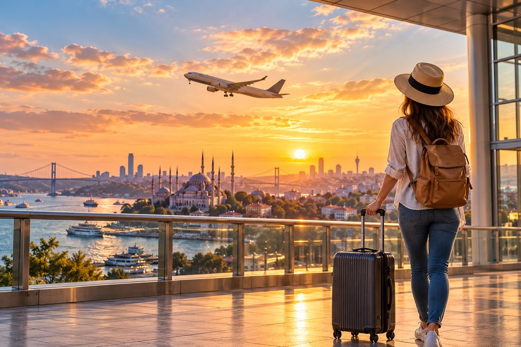 A traveller with a suitcase watching a plane take off over Istanbul at sunset