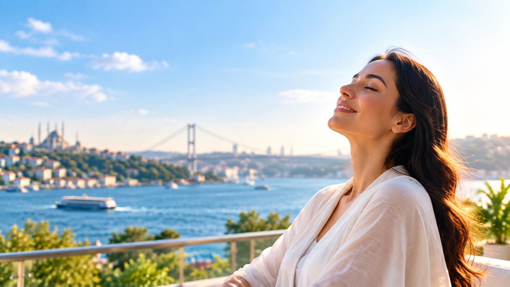 A relaxed woman enjoying the sun on a terrace above the Bosphorus